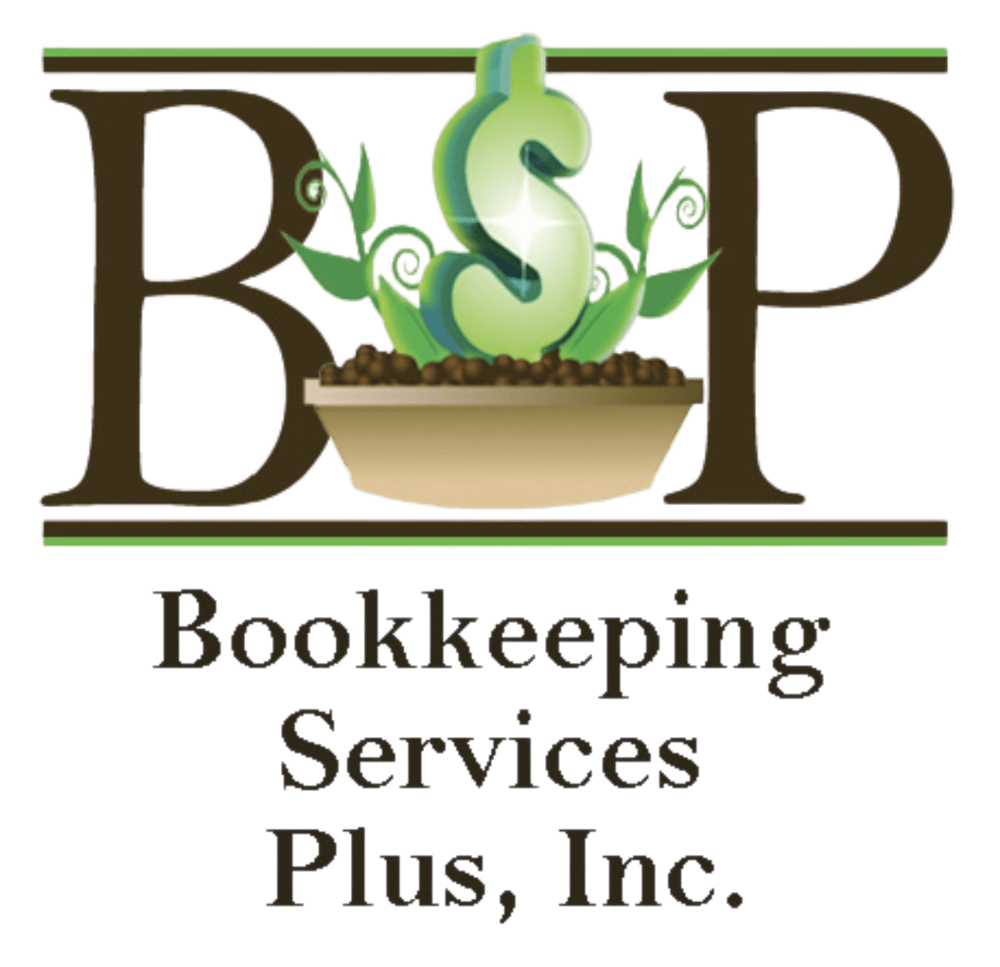 Logo for Bookkeeping Services Plus, Inc. featuring a large stylized "BSP" with a dollar sign sprouting from a bowl of soil and green leaves.